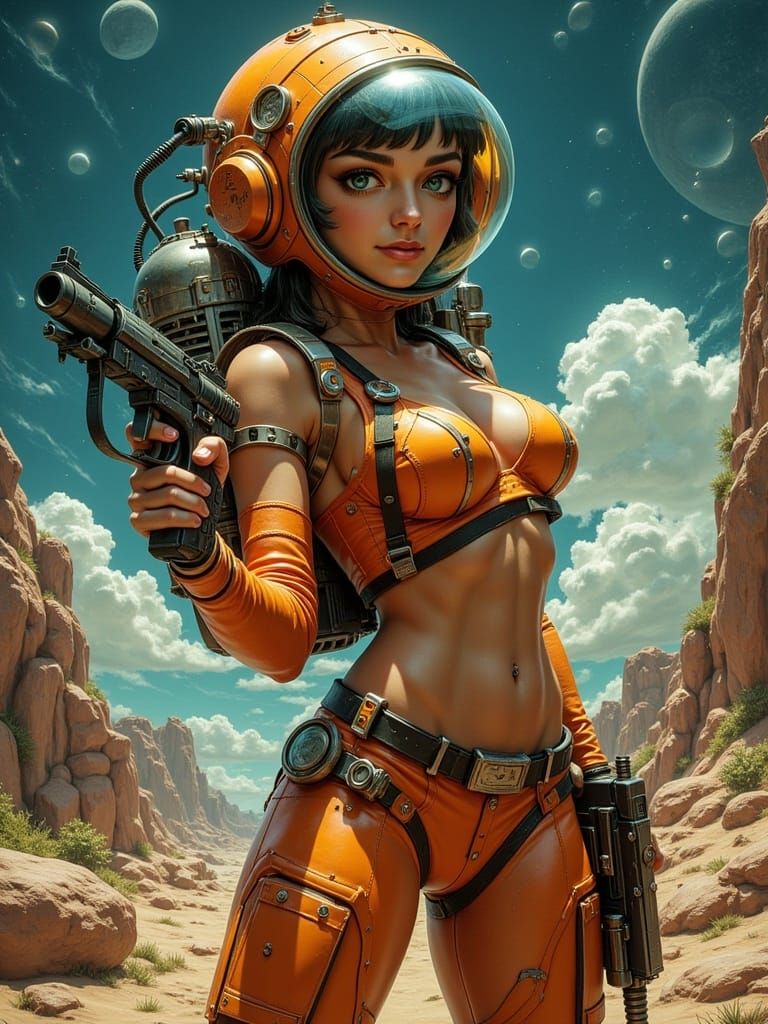 Raypunk Girl with Laser Gun in Retro-Futuristic Style