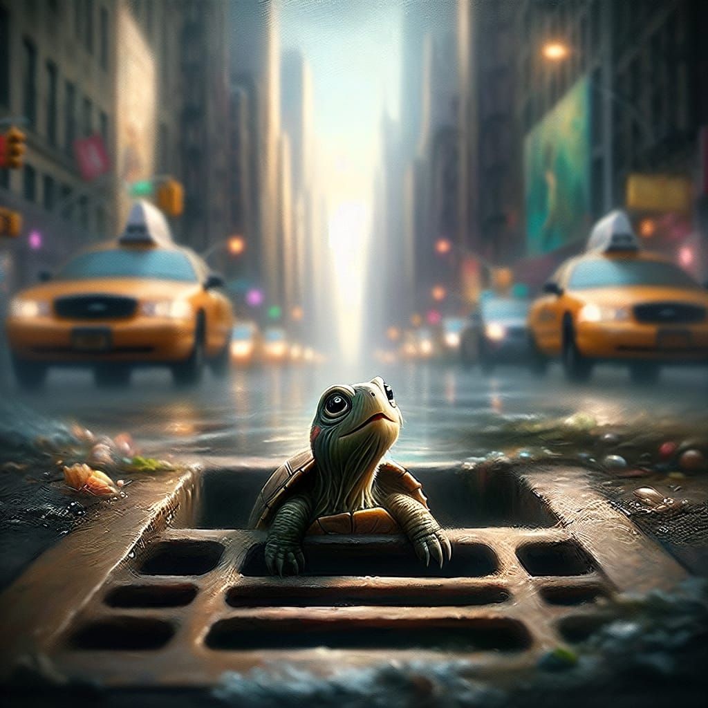 Turtle's Curious Gaze in New York City: Oil Painting