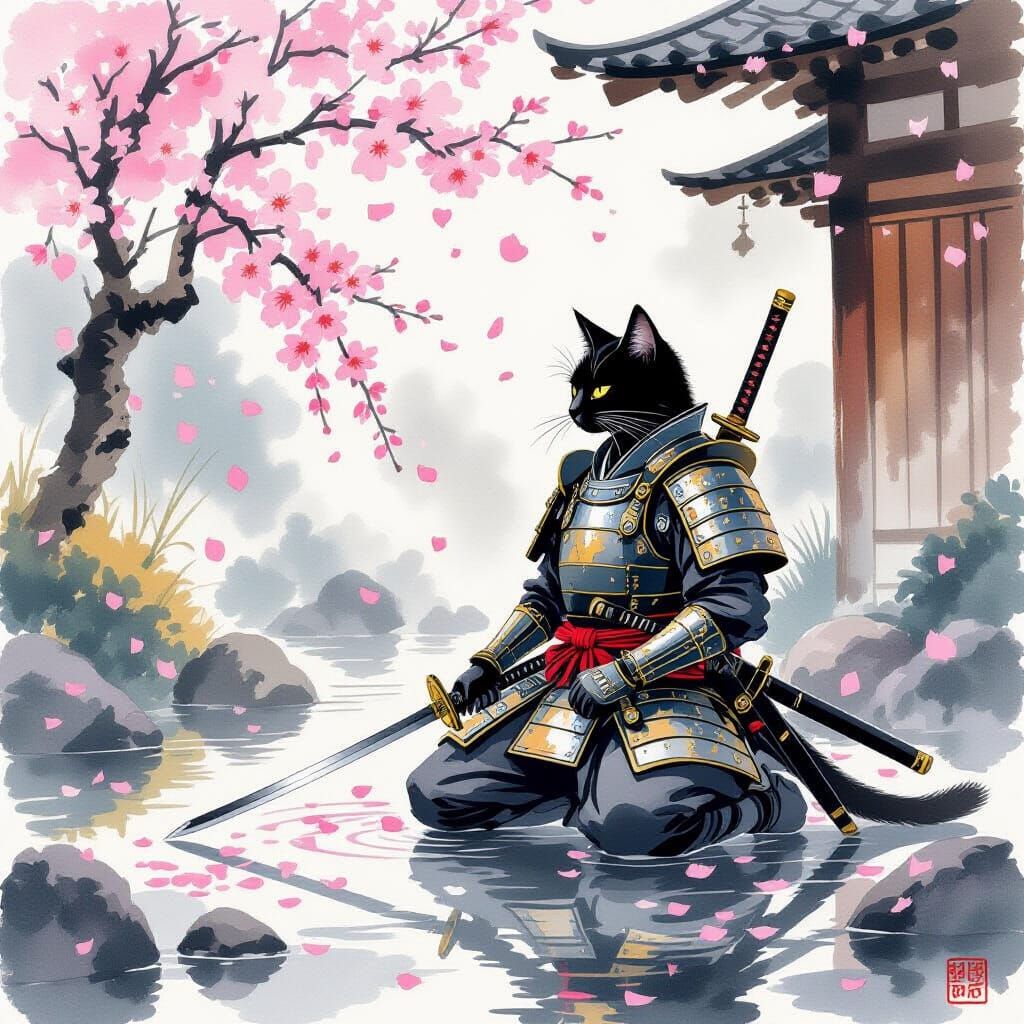 Black Cat Samurai in Zen Garden, Ink Wash Style