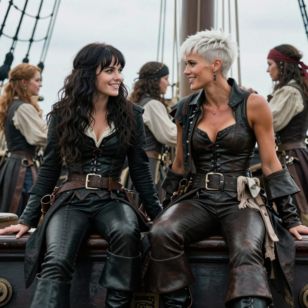 Pirate Women Chatting on Sailing Ship Deck