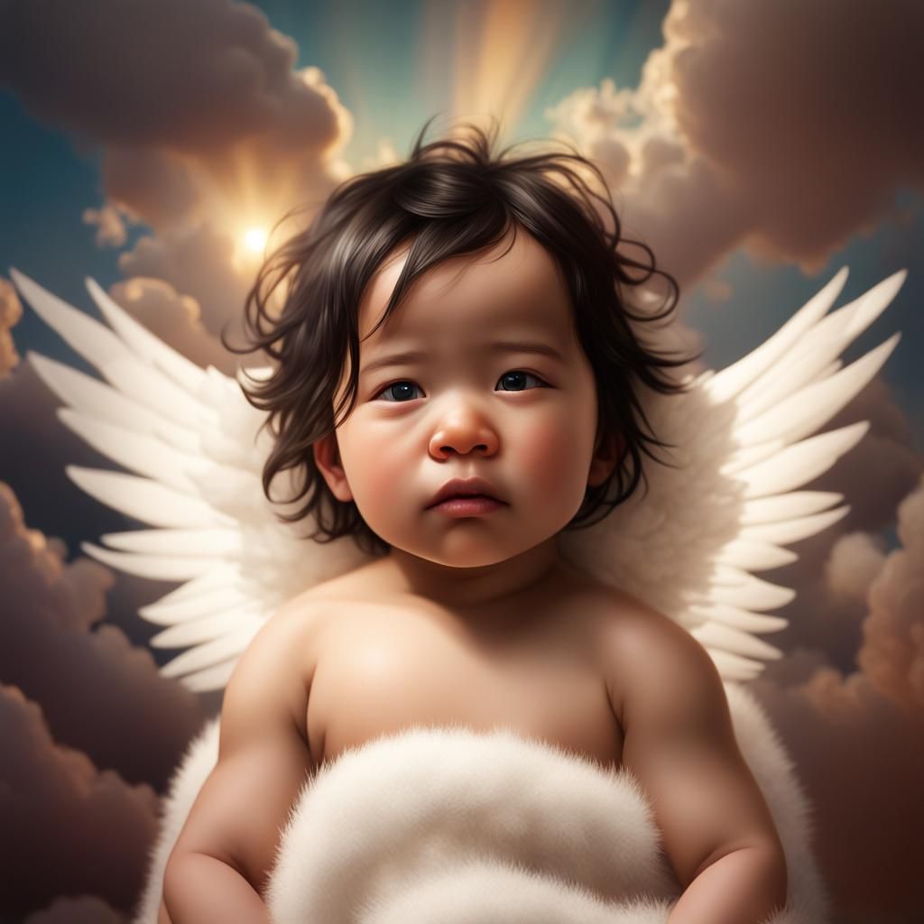 Inuit Baby Angel Portrait in Dreamy Clouds