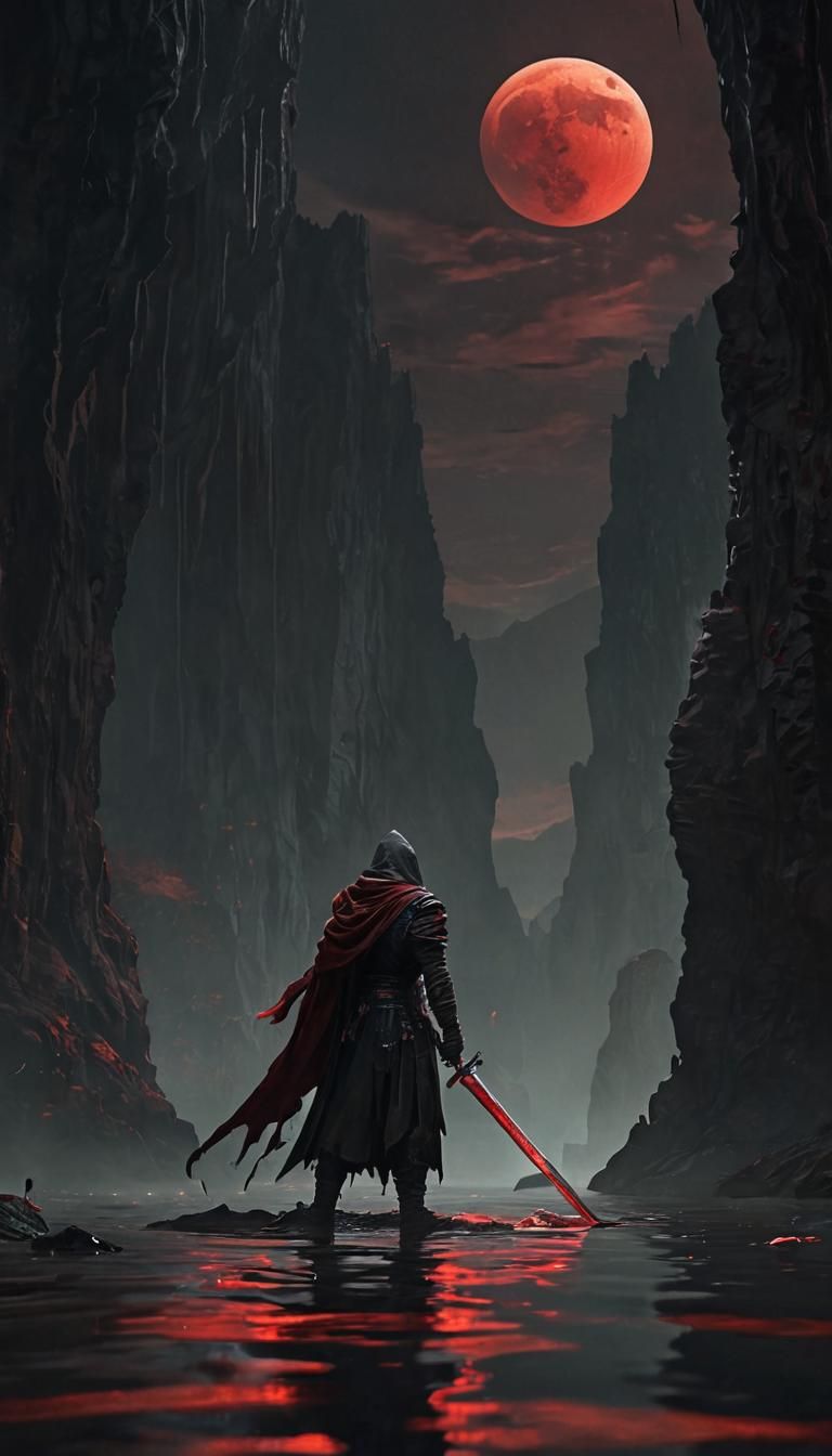 Hooded Figure with Red Sword in Dark Fantasy Art