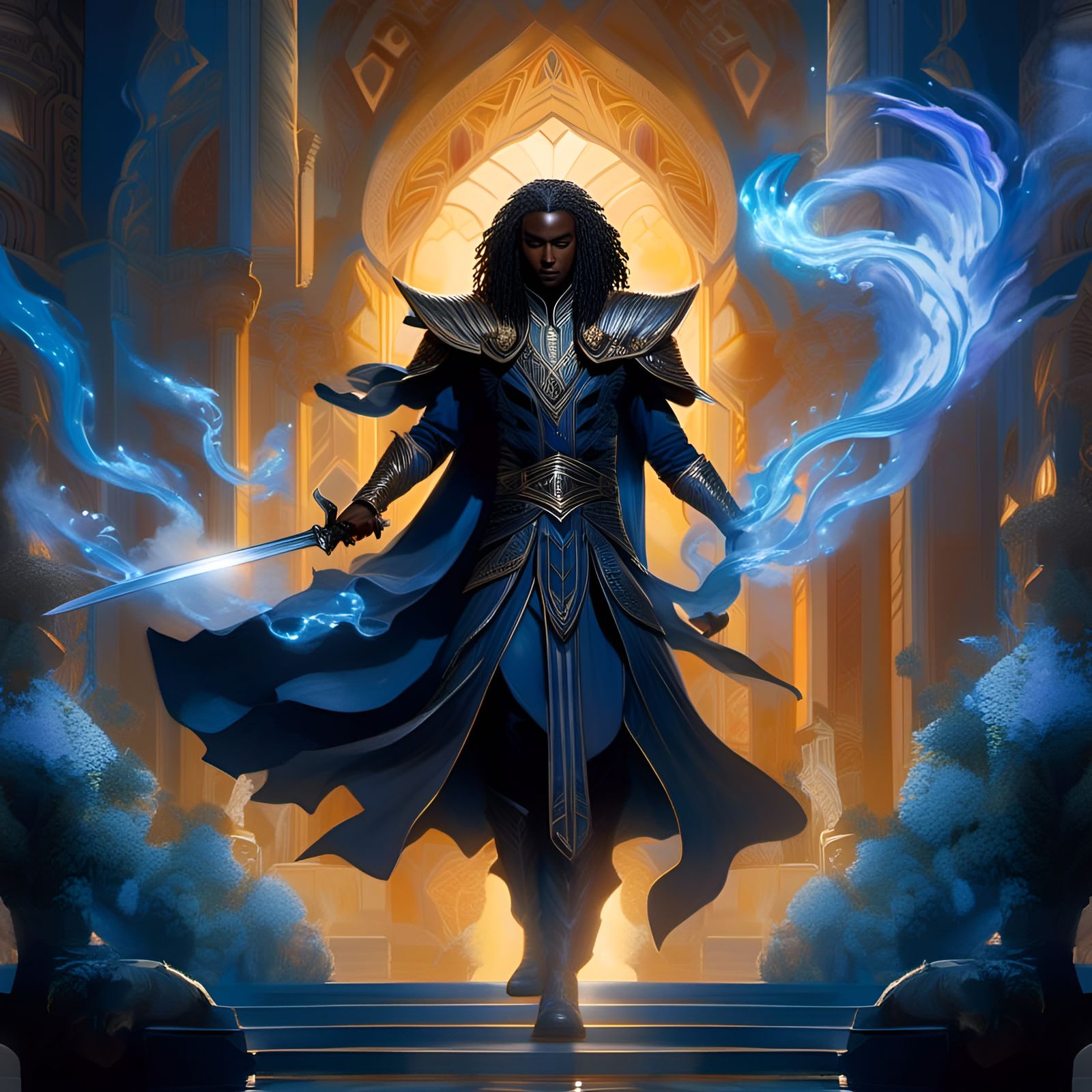 Half-Elf Wizard with Sword, Watercolor Illustration