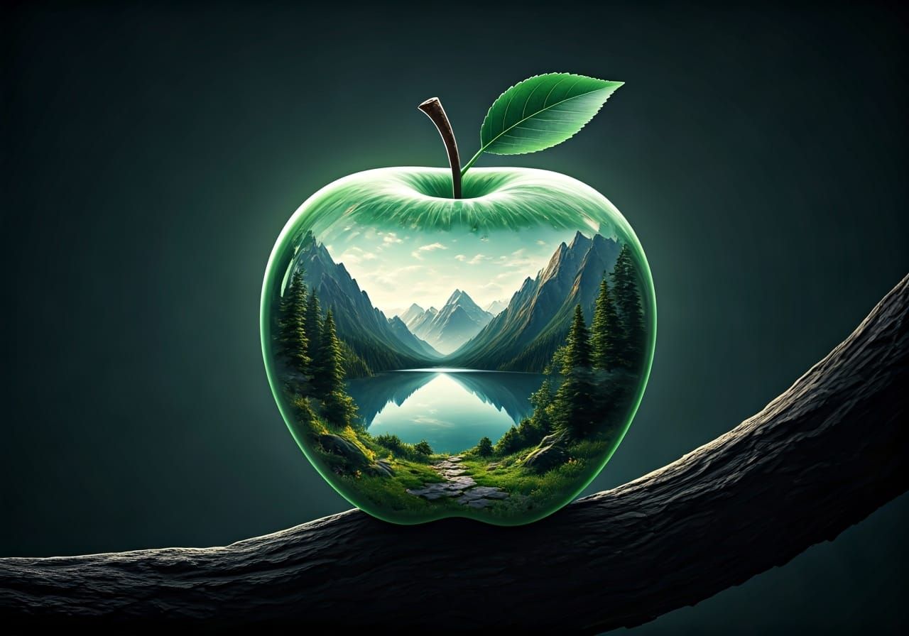Landscape Inside Apple: 3D Rendered Fantasy Art