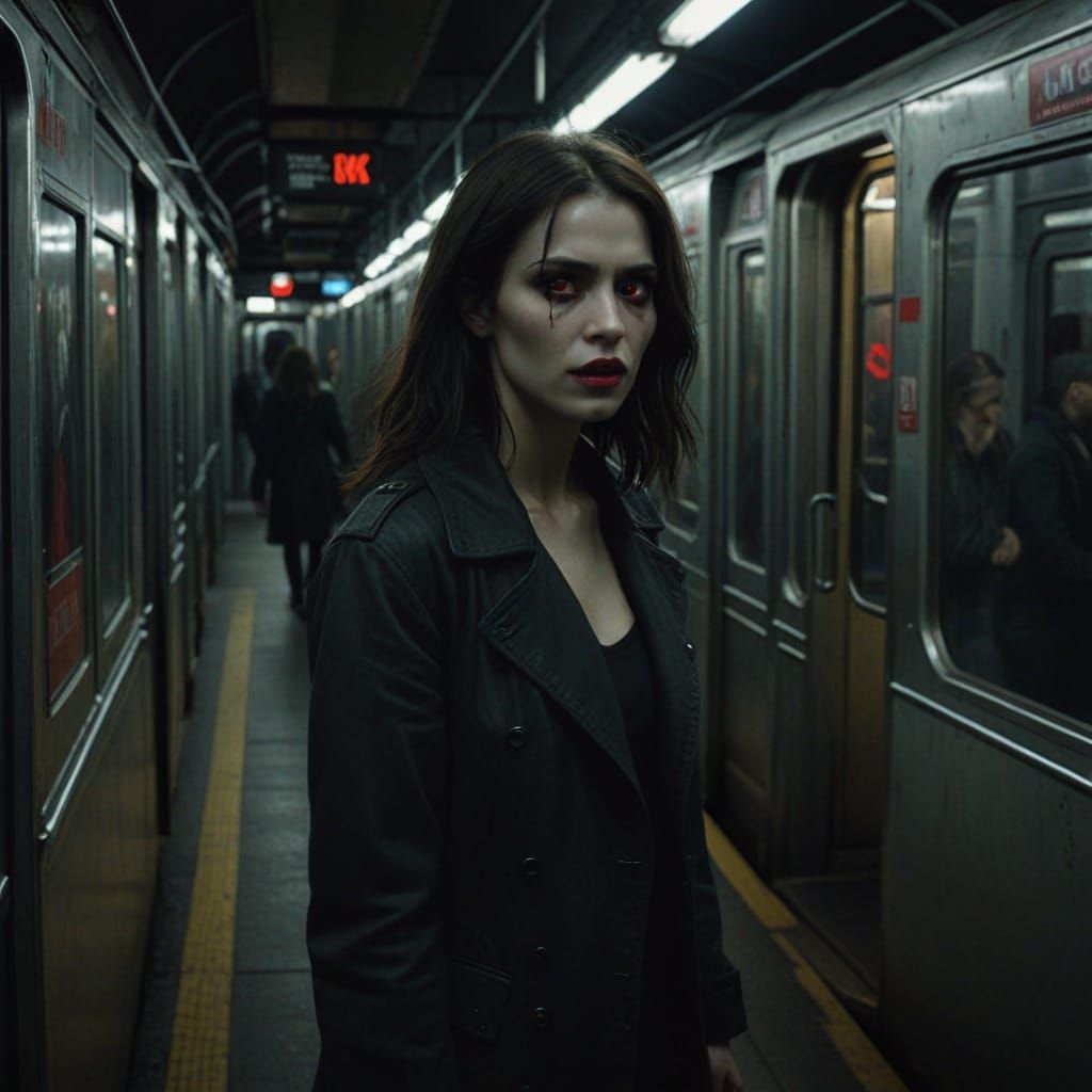 Vampire Woman Enters Grimy Subway Car at Night