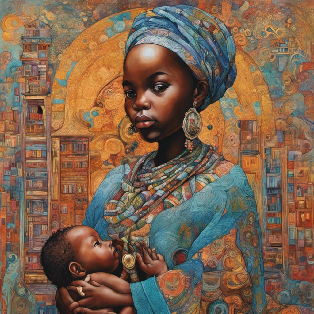 Black Baby and Grandmother in Storybook Illustration