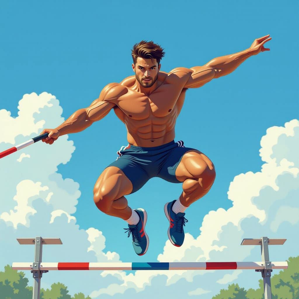 Male Athlete's Dynamic Pole Vault in Vivid Colors
