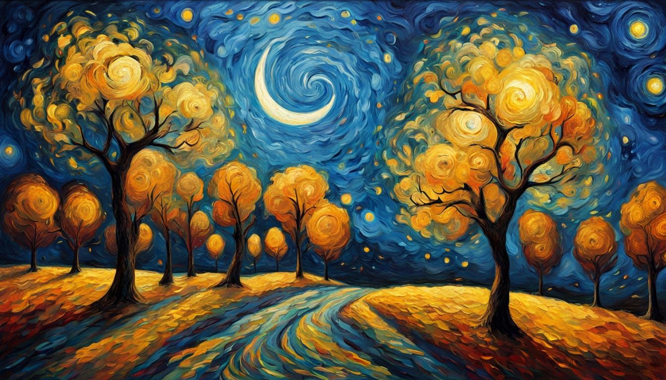 Starry Night Sky with Cosmic Trees in Post-Impressionist Sty...