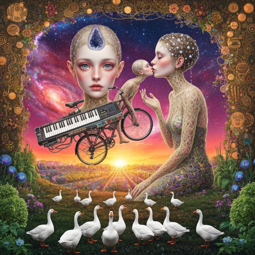 Ethereal Figures Compose Poems in Surreal Cosmic Garden