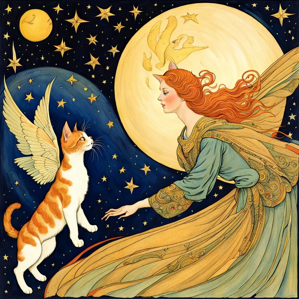 Ginger Cat's Twilight Flight to the Moon, Vintage Illustrati...