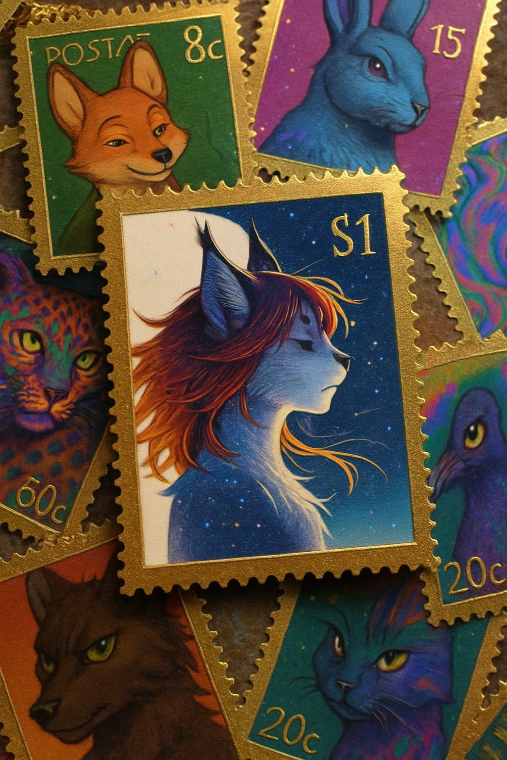 Anime Lynx Postage Stamp With Gold Foil Accents