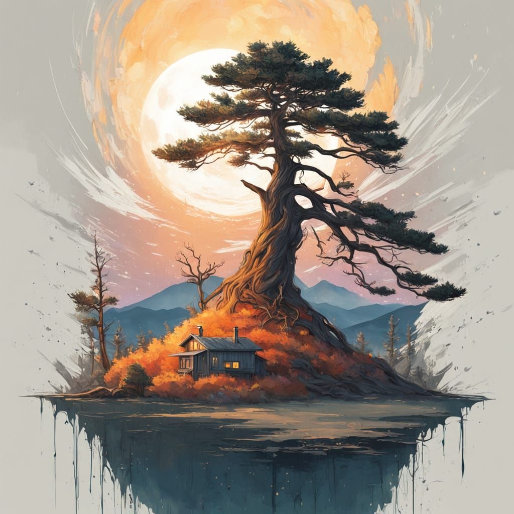 Pine Tree Glistening Under Harvest Moon in Sci-Fi Style