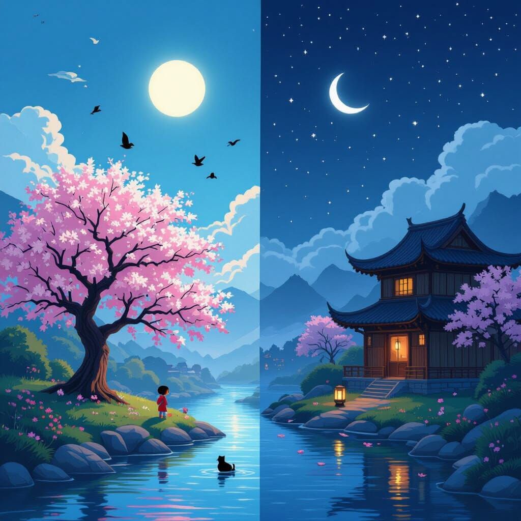 Harmonious Day and Night Landscape in Animated Style