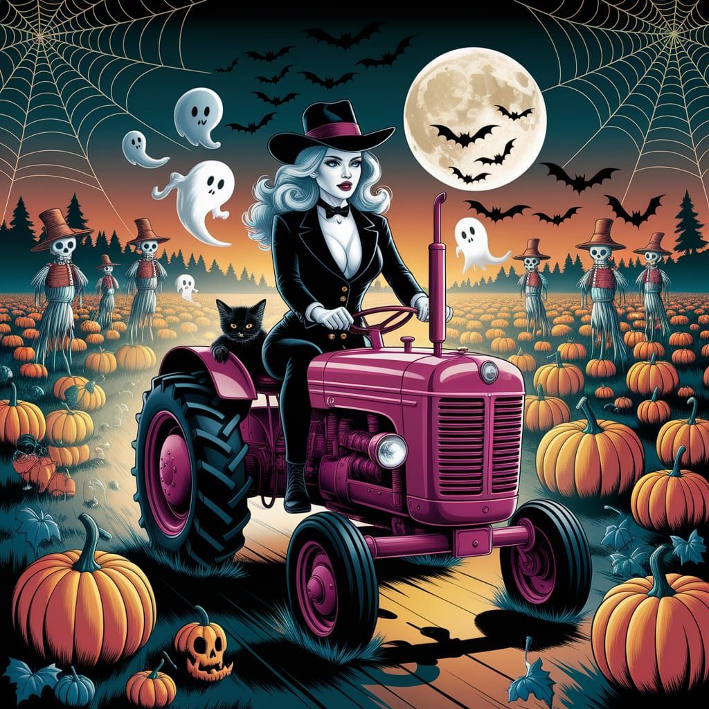 Goth Woman Rides Tractor Through Spooky Pumpkin Field