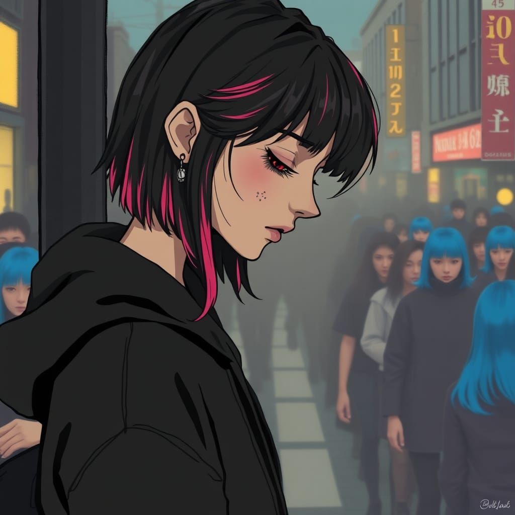 side view beautiful emo girl in black hoodie hood down with pink highlights in hair. red eyes looking down snow flake ta...