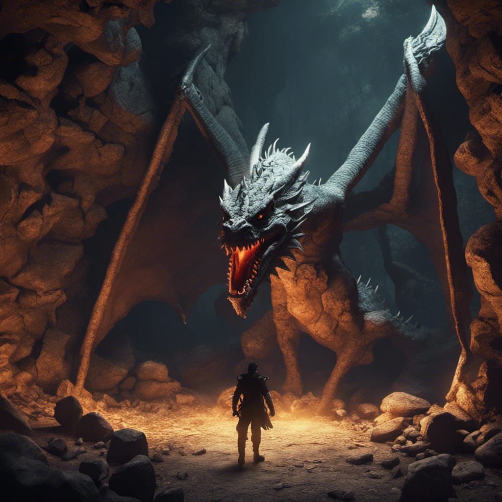Dragon Surprises Adventurer: 3D Game Cinematic Scene