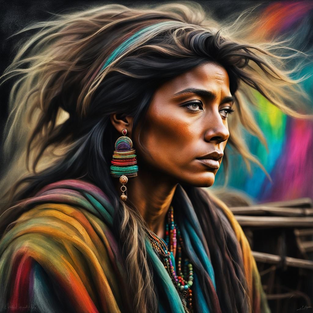 close charcoal painting of a Gypsy woman with a muted Gypsy ...