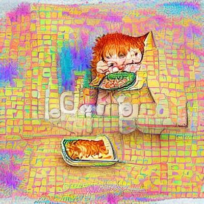 Ginger Cat Eating Lasagna in Pixel Art Style
