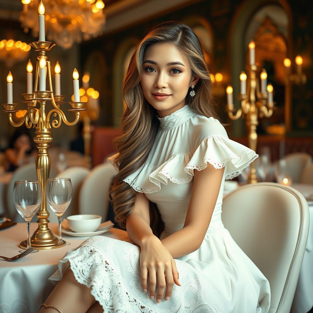 Woman in Lace Dress in Art Nouveau Style