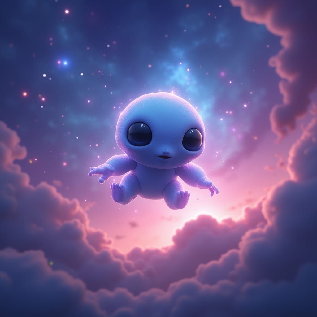 Glowing, Round Alien Friend Soars in Starry Twilight Sky