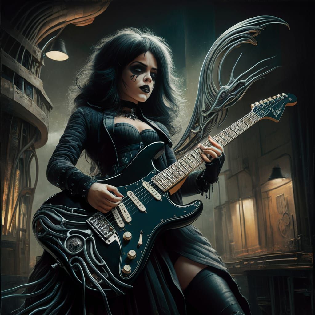 Gothic Woman Plays Biomechanical Stratocaster Guitar