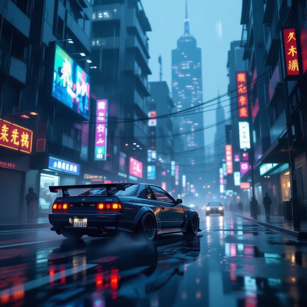 Nissan R32 Drifting Neon Dystopian Street