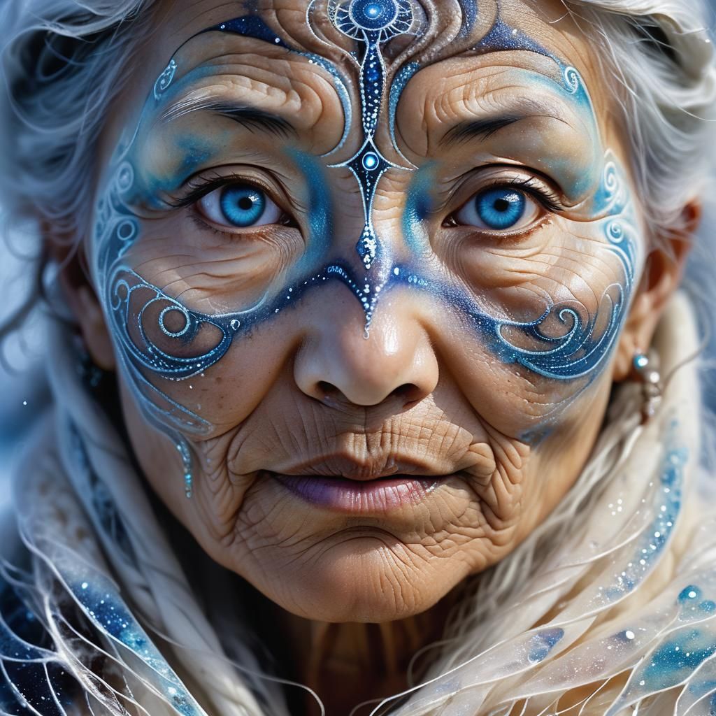 Divine Suminagashi Tattoo of Wise Inuit Elder