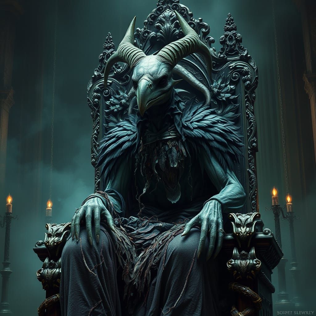 Vulture-Headed Demon on Abyssal Throne in Gothic Style