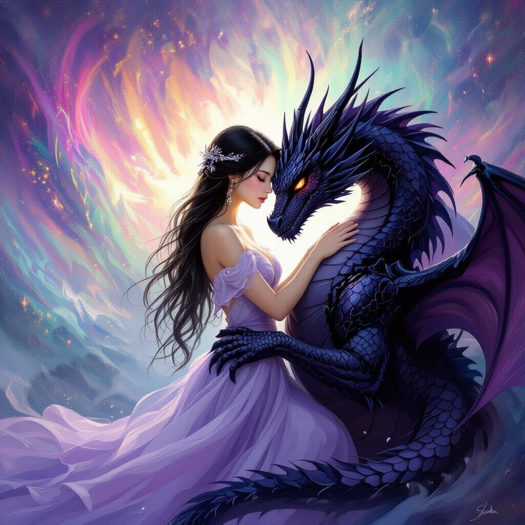 Woman Embraces Dragon in Ethereal Fantasy Art