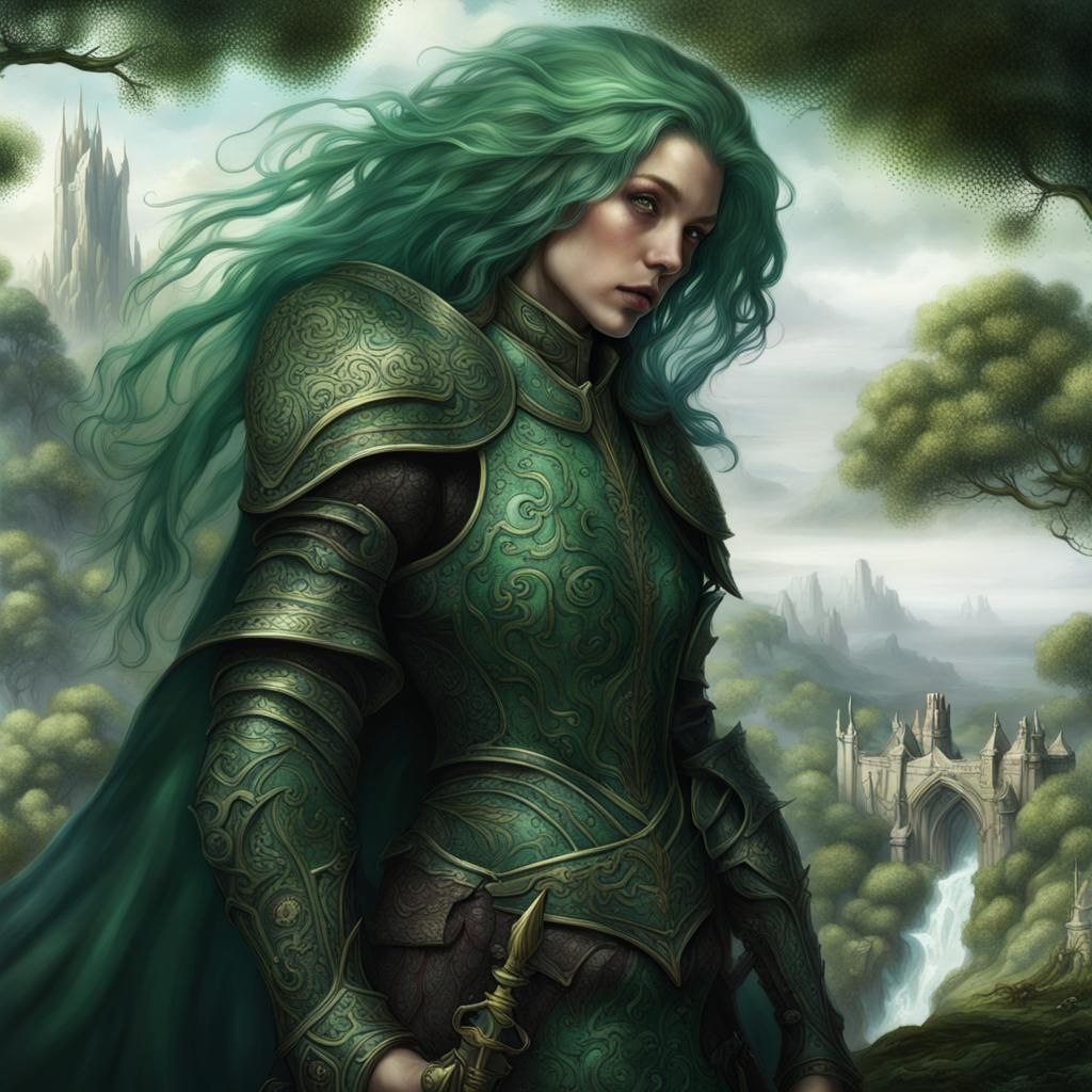 Green-Haired Knight in a Detailed Fantasy Painting