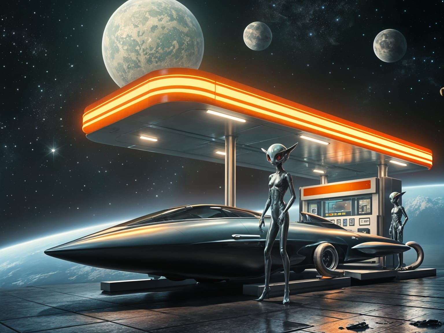 Alien Gas Station in Space: Hyperrealistic Still