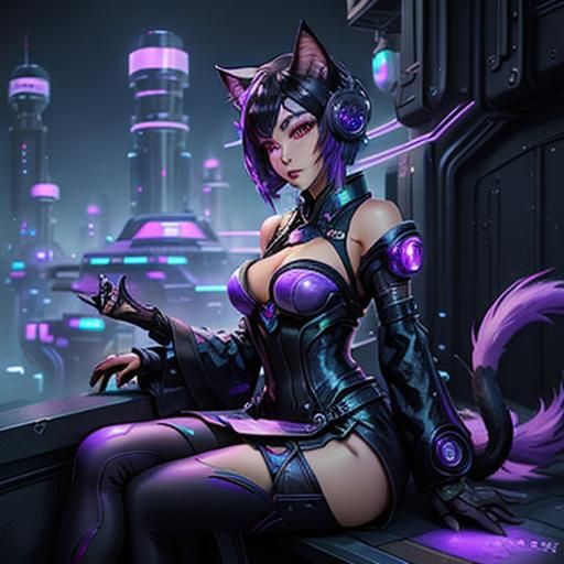 Futuristic Catgirl on Rooftop in Science Fiction Art
