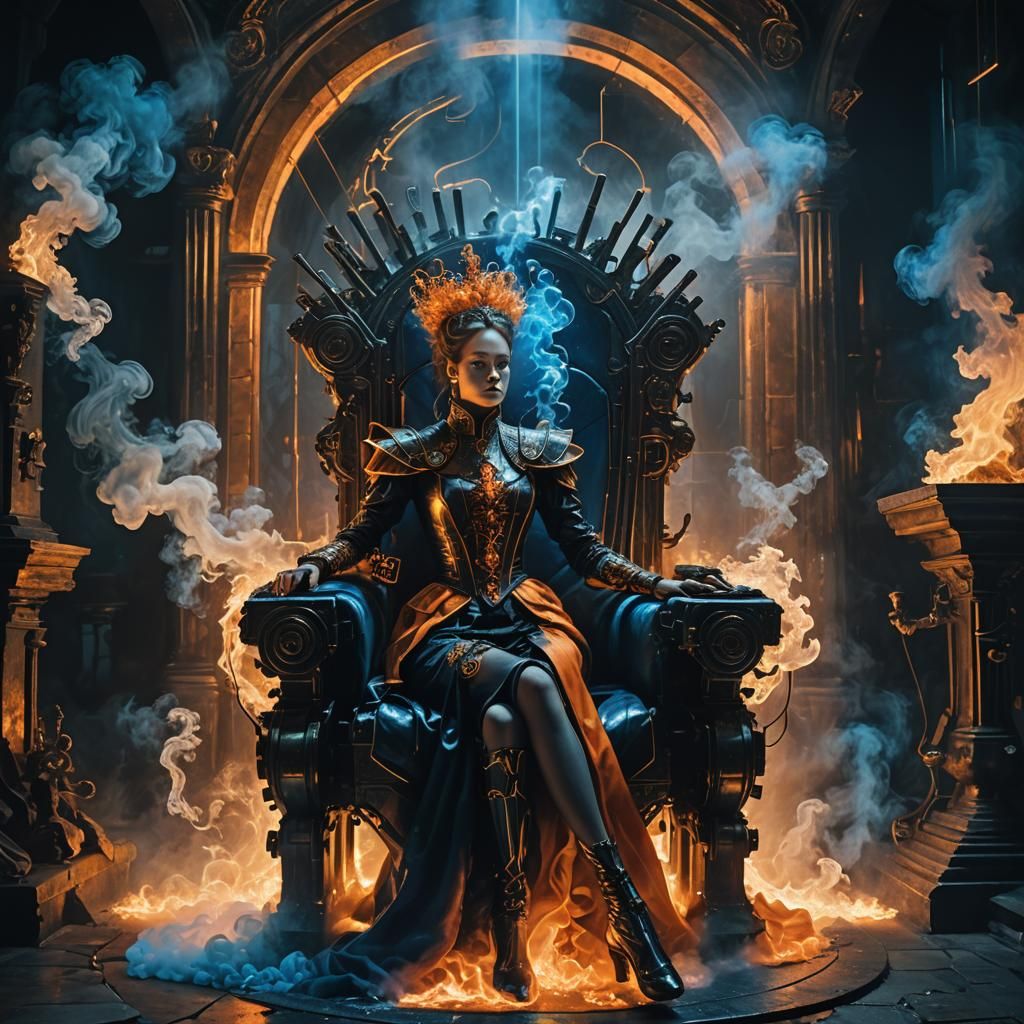 Renaissance Lady on Cyberpunk Throne: Neon Oil Painting