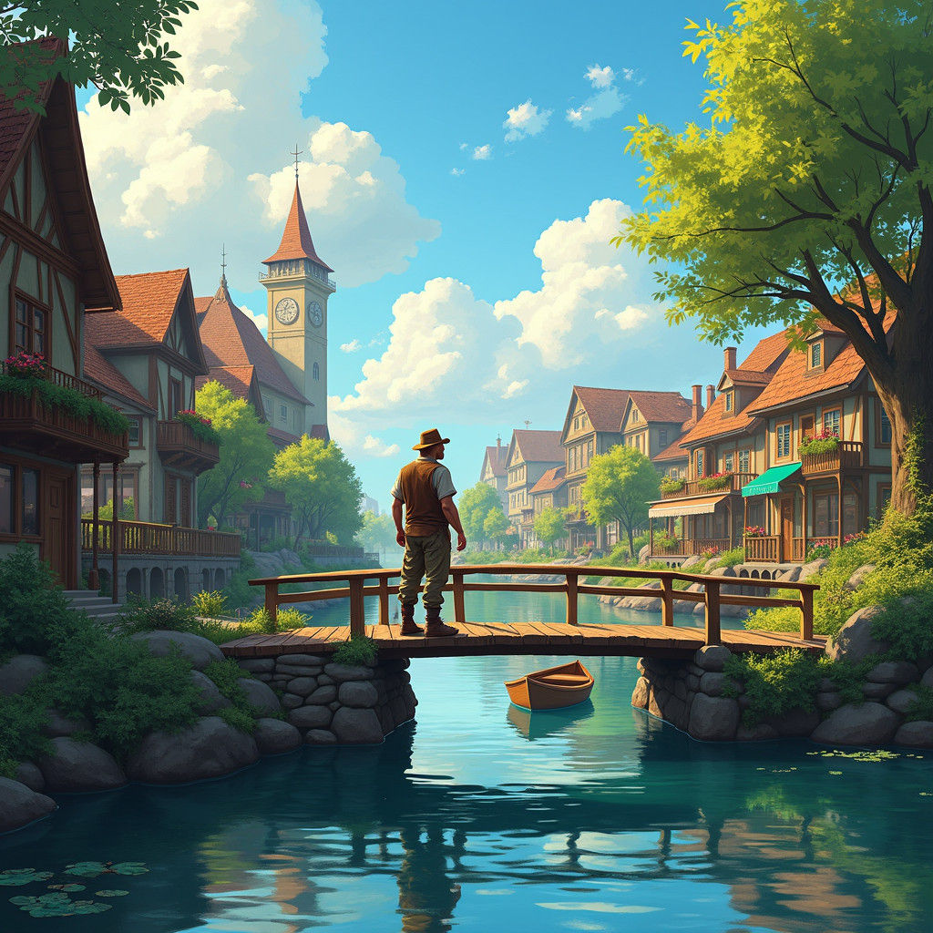 Contemplative Man on Footbridge in Charming Town