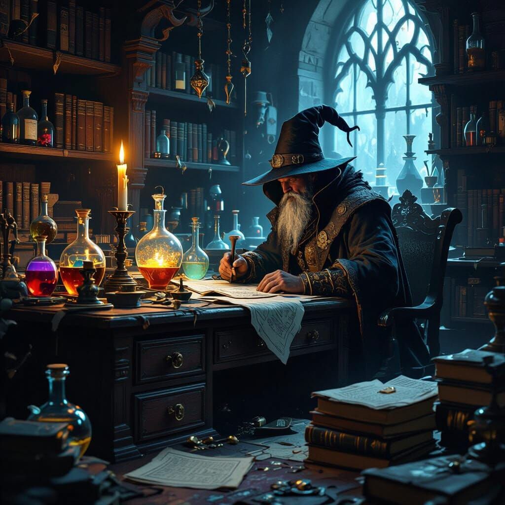 Mystical Alchemist's Desk in Dark Fantasy Style