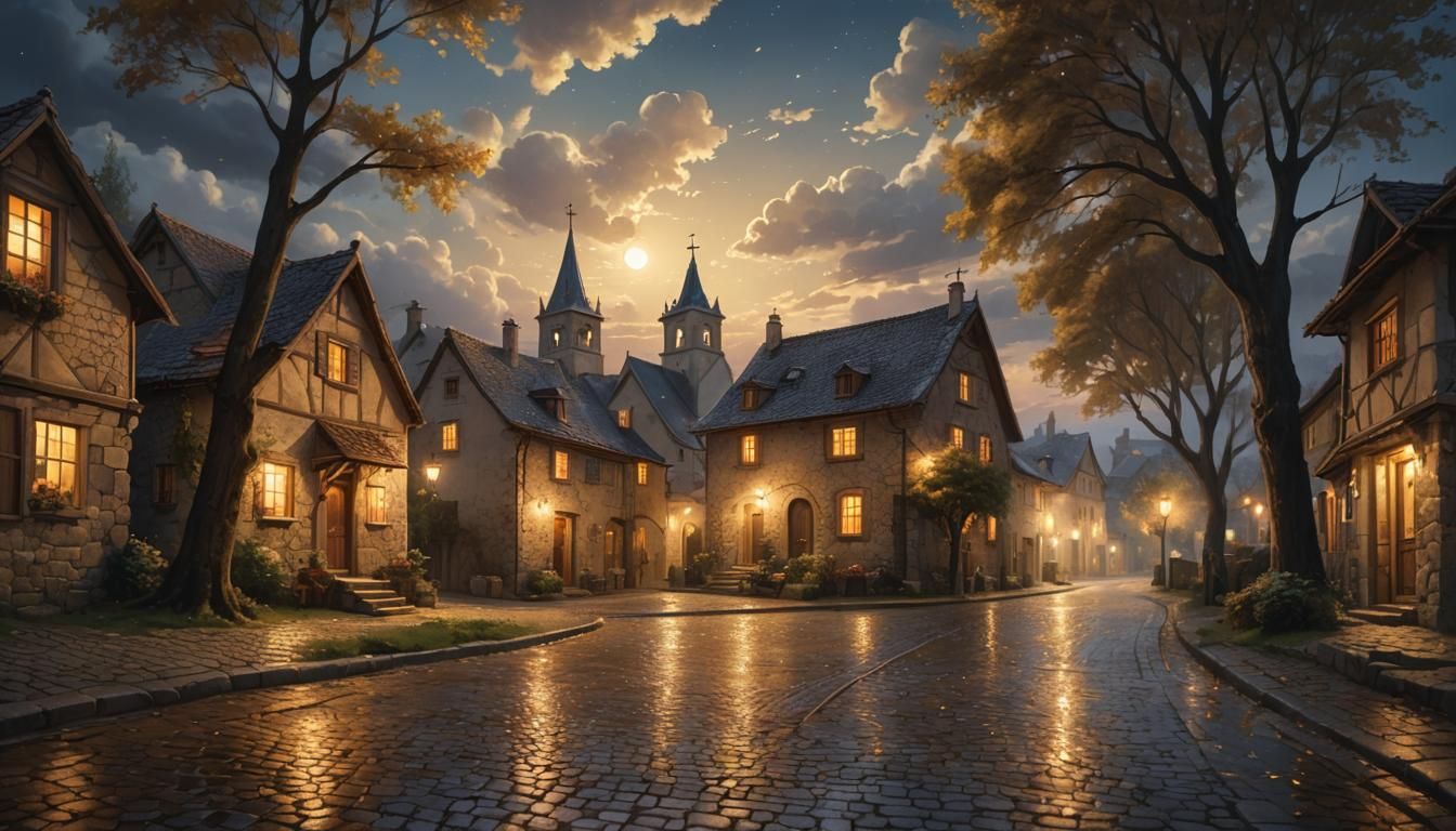 Cozy Village Under Celestial Light at Night