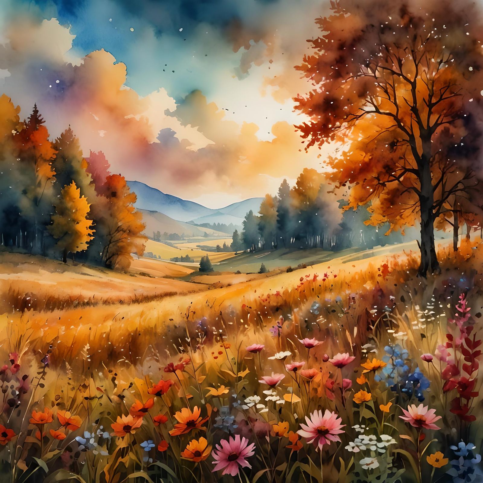 Ethereal Autumn Meadow Landscape in Watercolor