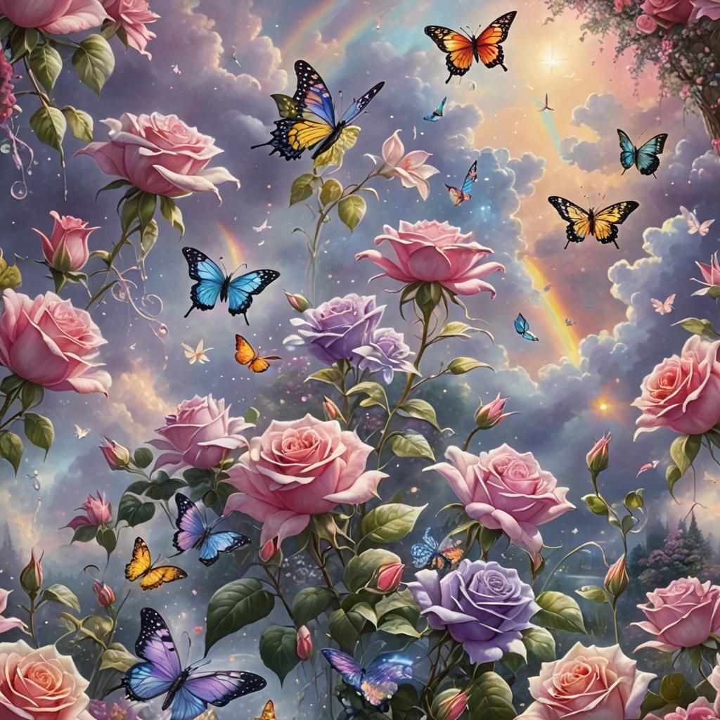 Ethereal Dreamscape with Roses and Butterflies