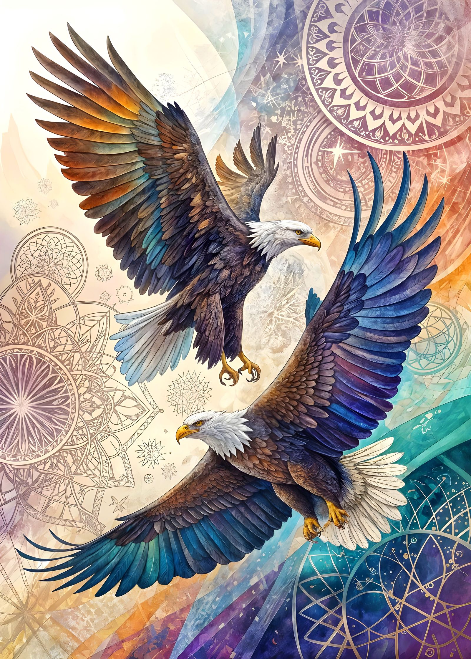 Eagles with iridescent feathers, outstretched wings beating in unison, frozen in mid-air, set against a swirling vortex ...