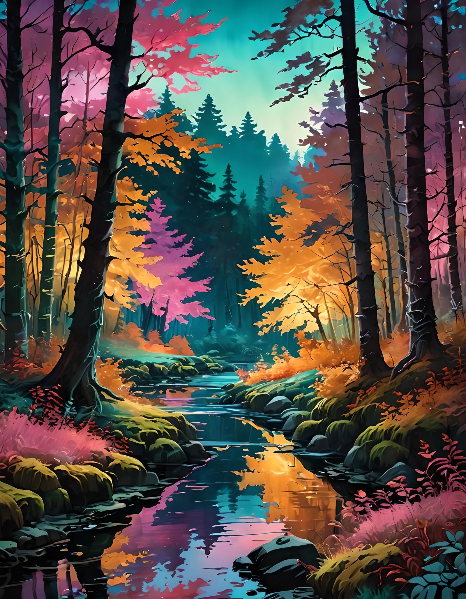 Autumn River in Vaporwave Gouache Style