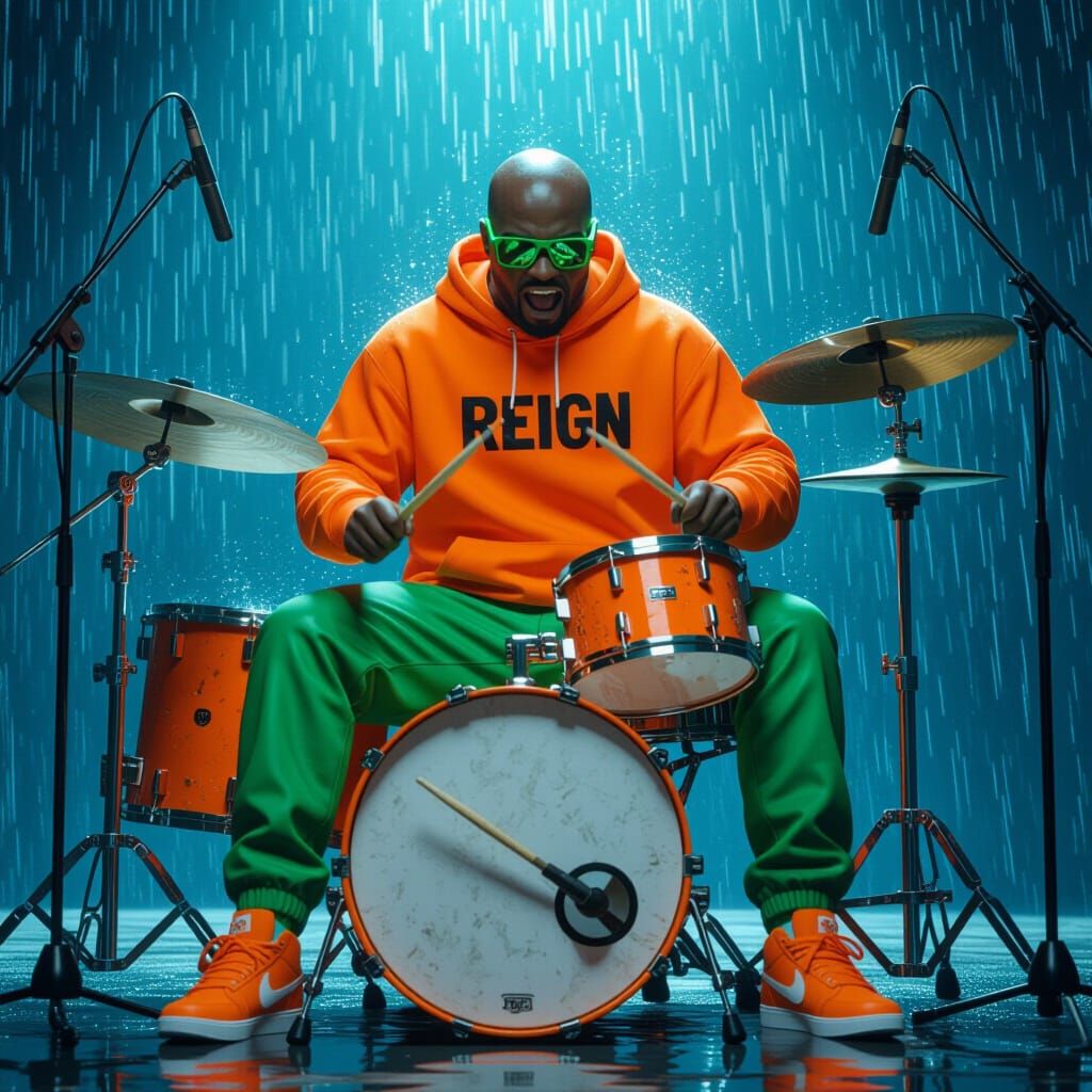 Man Playing Drums in Rainstorm in Orange Hoodie and Green Pa...