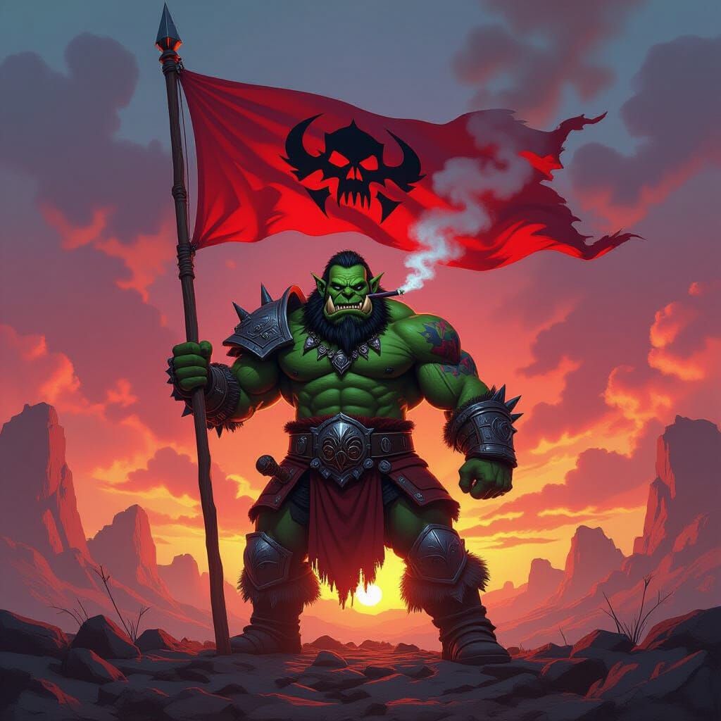 Grommash Hellscream on Battlefield with Horde Flag