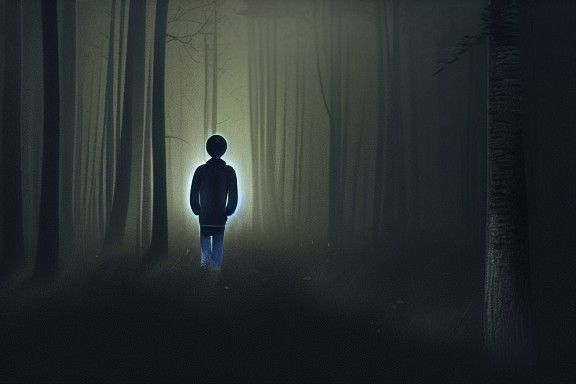 Solitary Boy in Dark Woods at Night