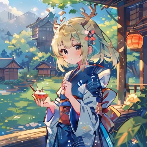 Anime Girl with Deer Antlers Eating Watermelon