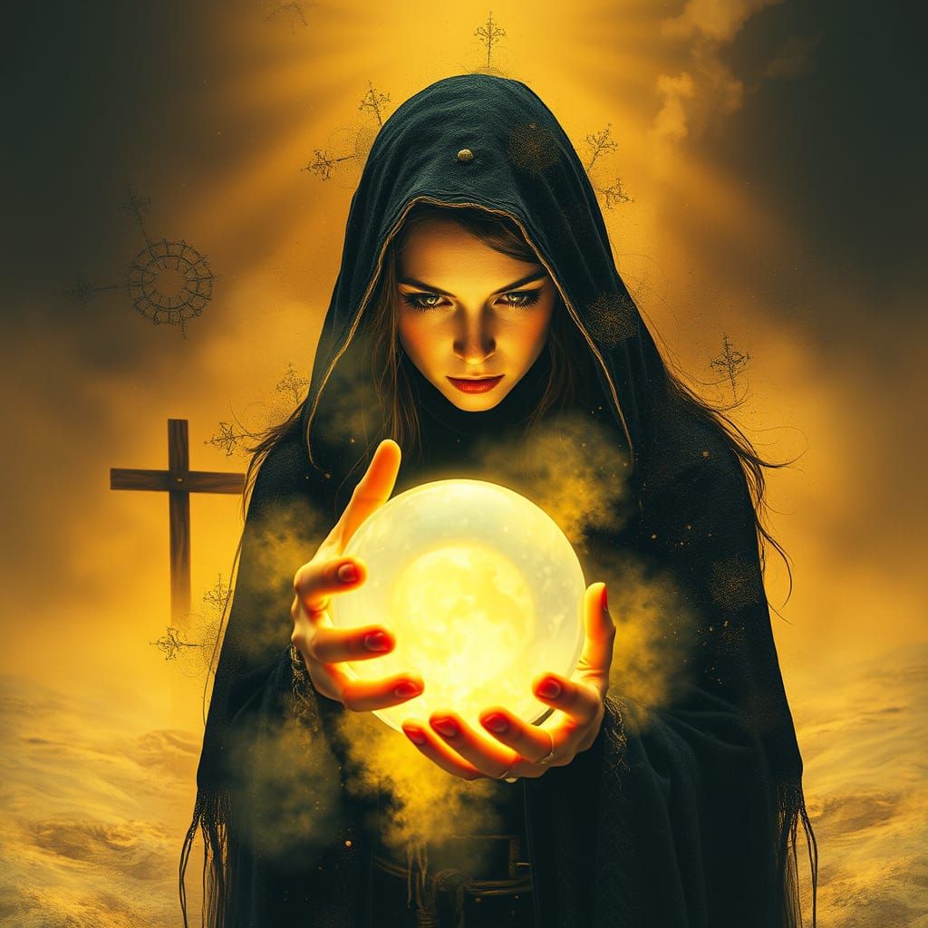 Seer with Crystal Ball in Snowy Landscape