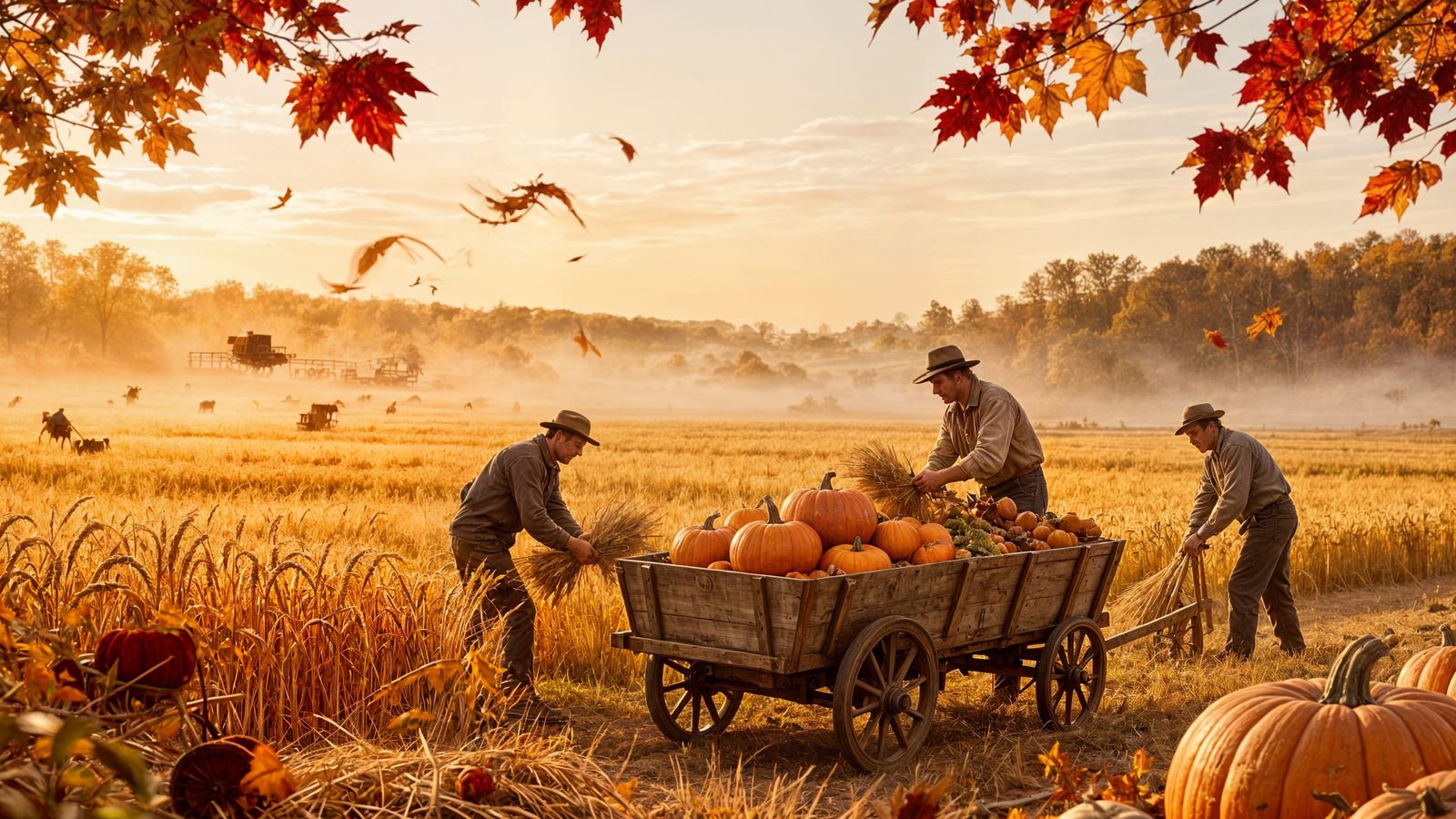 Golden Hour Autumn Harvest Scene with Farmers