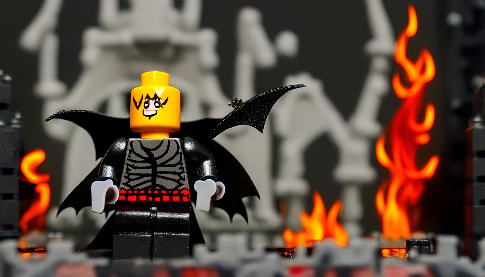 Evil Lego Minifigure on a Throne in Burning Dungeon