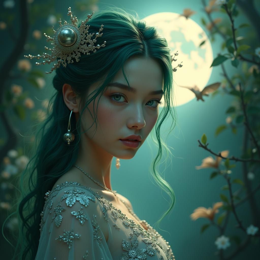 Mystical Woman in Moonlit Landscape, Matte Painting Style