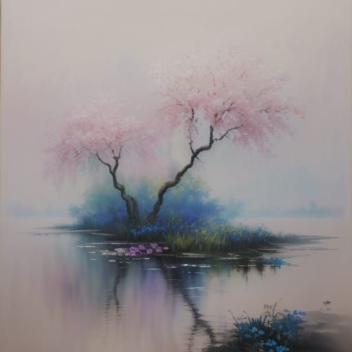 Impressionist River and Flower Masterpiece in Vivid Gouache