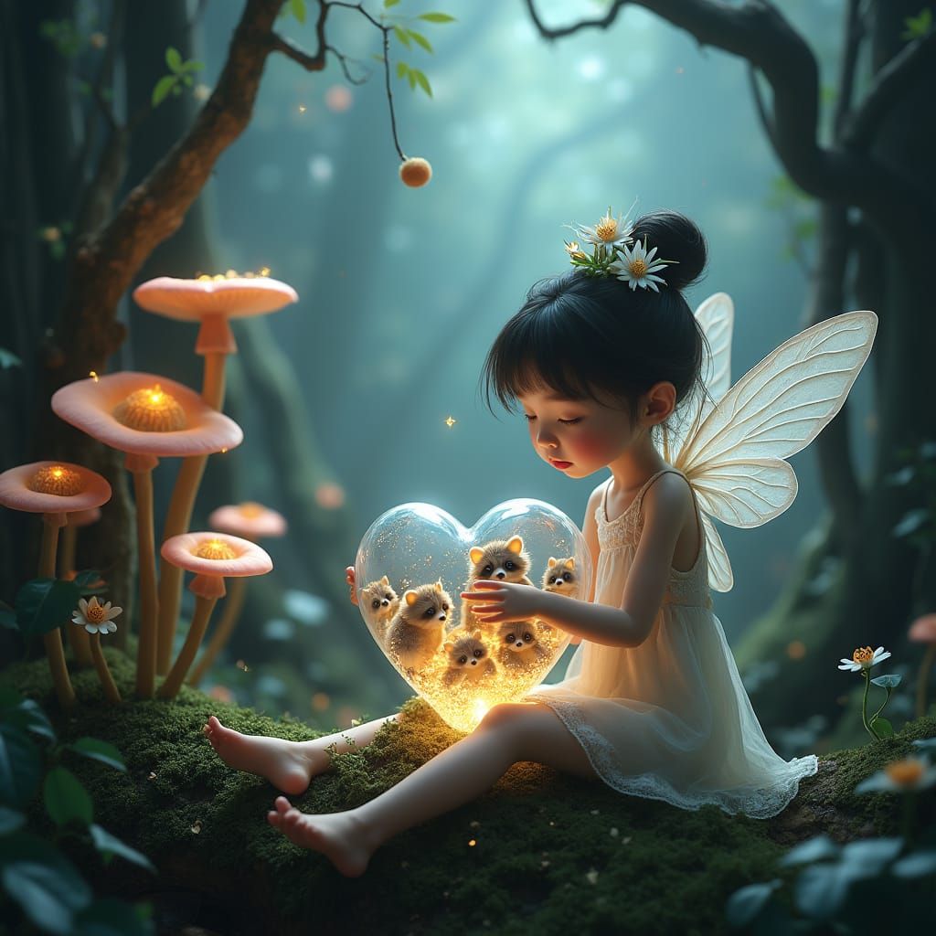 Fairy with Raccoons in Glass Heart, Fantasy Art
